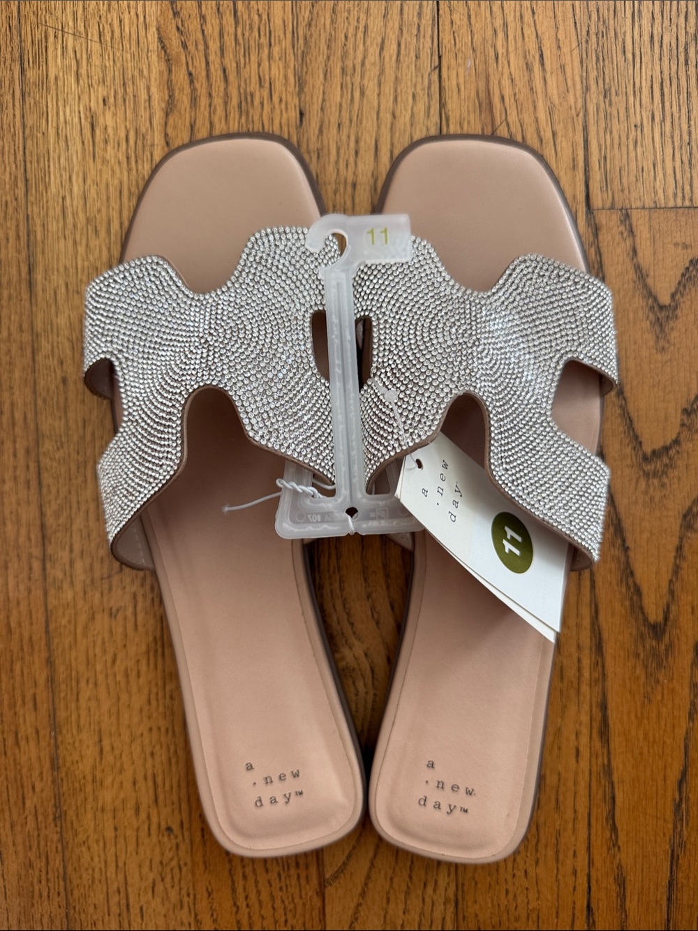 a new day Tan Slide Sandals with Silver Rhinestone Detail size 11 NWT